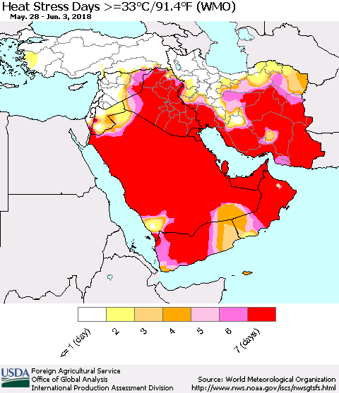 Middle East and Turkey Heat Stress Days >=35°C/95°F (WMO) Thematic Map For 5/28/2018 - 6/3/2018