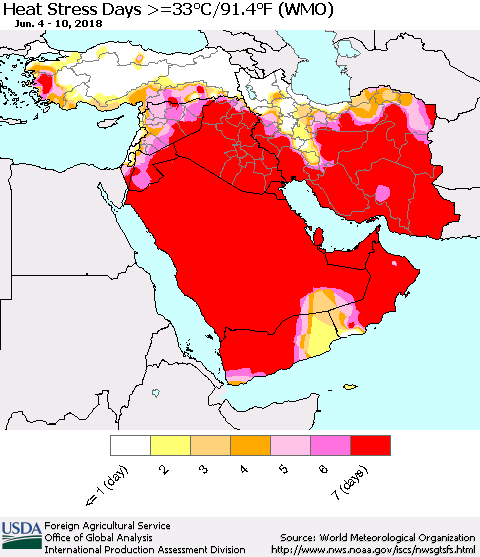 Middle East and Turkey Heat Stress Days >=35°C/95°F (WMO) Thematic Map For 6/4/2018 - 6/10/2018