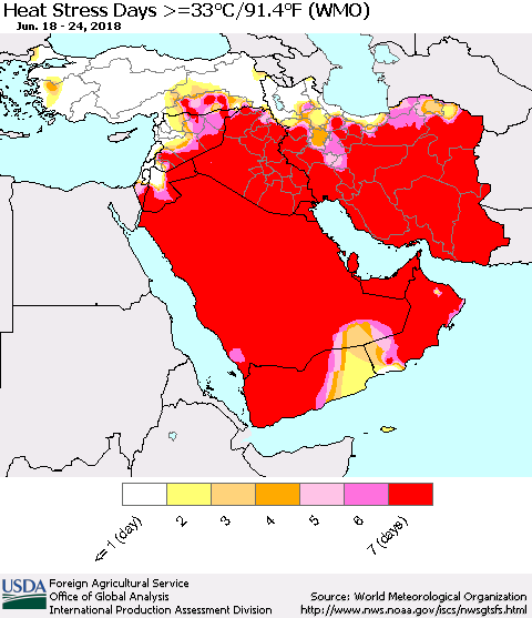 Middle East and Turkey Heat Stress Days >=35°C/95°F (WMO) Thematic Map For 6/18/2018 - 6/24/2018