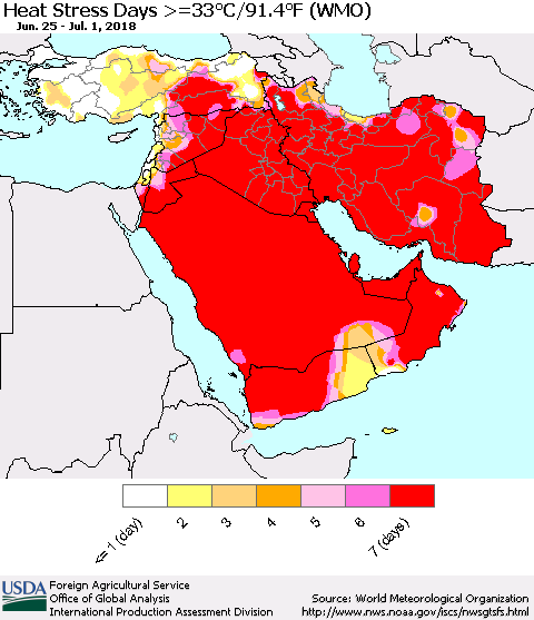 Middle East and Turkey Heat Stress Days >=35°C/95°F (WMO) Thematic Map For 6/25/2018 - 7/1/2018