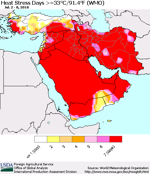 Middle East and Turkey Heat Stress Days >=35°C/95°F (WMO) Thematic Map For 7/2/2018 - 7/8/2018