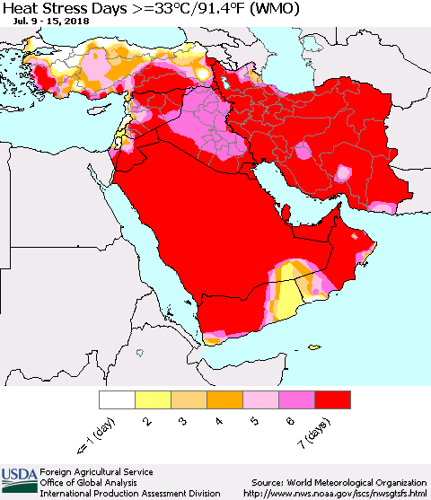 Middle East and Turkey Heat Stress Days >=35°C/95°F (WMO) Thematic Map For 7/9/2018 - 7/15/2018