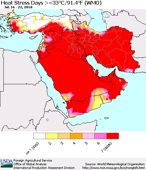 Middle East and Turkey Heat Stress Days >=35°C/95°F (WMO) Thematic Map For 7/16/2018 - 7/22/2018