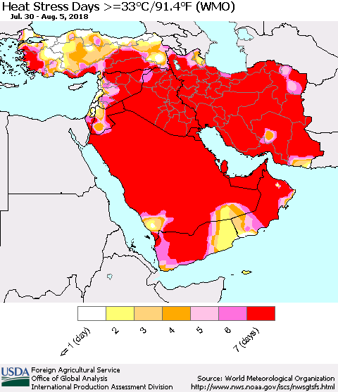 Middle East and Turkey Heat Stress Days >=35°C/95°F (WMO) Thematic Map For 7/30/2018 - 8/5/2018