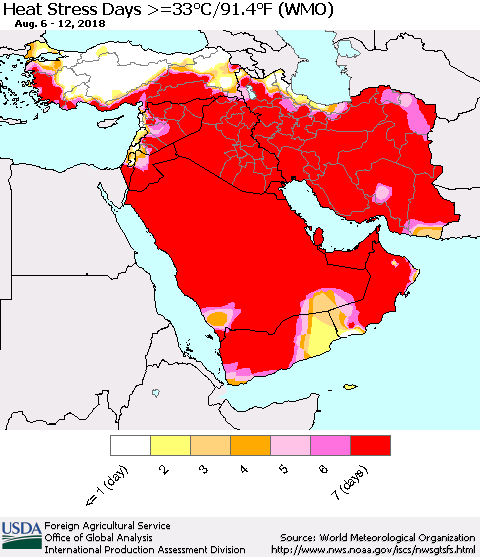 Middle East and Turkey Heat Stress Days >=35°C/95°F (WMO) Thematic Map For 8/6/2018 - 8/12/2018