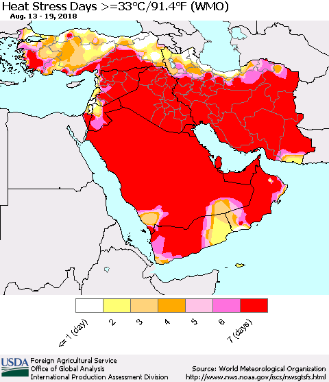 Middle East and Turkey Heat Stress Days >=35°C/95°F (WMO) Thematic Map For 8/13/2018 - 8/19/2018