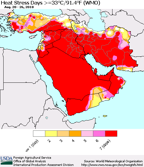 Middle East and Turkey Heat Stress Days >=35°C/95°F (WMO) Thematic Map For 8/20/2018 - 8/26/2018