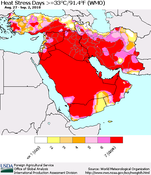 Middle East and Turkey Heat Stress Days >=35°C/95°F (WMO) Thematic Map For 8/27/2018 - 9/2/2018