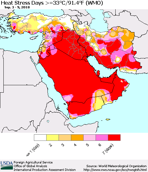 Middle East and Turkey Heat Stress Days >=35°C/95°F (WMO) Thematic Map For 9/3/2018 - 9/9/2018