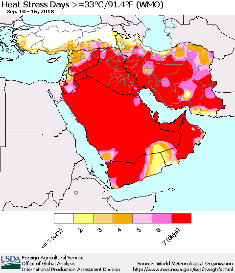 Middle East and Turkey Heat Stress Days >=35°C/95°F (WMO) Thematic Map For 9/10/2018 - 9/16/2018