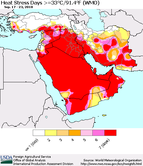 Middle East and Turkey Heat Stress Days >=35°C/95°F (WMO) Thematic Map For 9/17/2018 - 9/23/2018