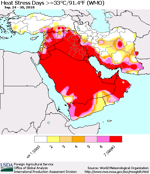 Middle East and Turkey Heat Stress Days >=35°C/95°F (WMO) Thematic Map For 9/24/2018 - 9/30/2018