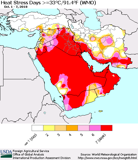 Middle East and Turkey Heat Stress Days >=35°C/95°F (WMO) Thematic Map For 10/1/2018 - 10/7/2018