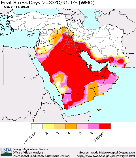 Middle East and Turkey Heat Stress Days >=35°C/95°F (WMO) Thematic Map For 10/8/2018 - 10/14/2018