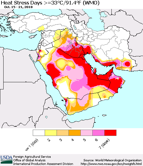 Middle East and Turkey Heat Stress Days >=35°C/95°F (WMO) Thematic Map For 10/15/2018 - 10/21/2018