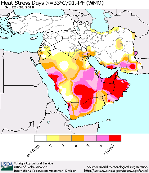 Middle East and Turkey Heat Stress Days >=35°C/95°F (WMO) Thematic Map For 10/22/2018 - 10/28/2018