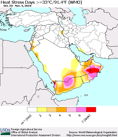 Middle East and Turkey Heat Stress Days >=35°C/95°F (WMO) Thematic Map For 10/29/2018 - 11/4/2018
