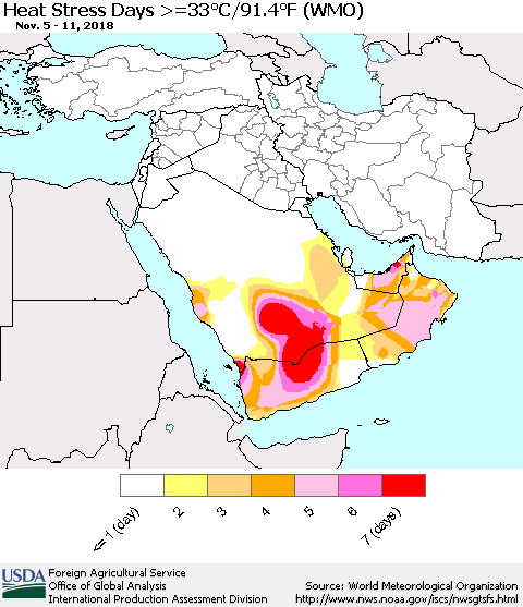 Middle East and Turkey Heat Stress Days >=35°C/95°F (WMO) Thematic Map For 11/5/2018 - 11/11/2018
