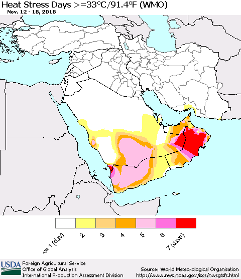 Middle East and Turkey Heat Stress Days >=35°C/95°F (WMO) Thematic Map For 11/12/2018 - 11/18/2018