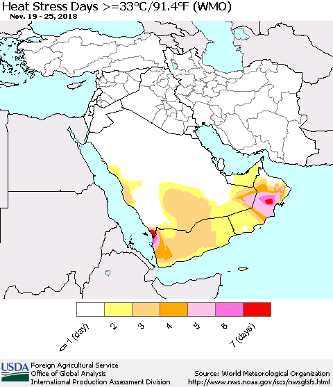 Middle East and Turkey Heat Stress Days >=35°C/95°F (WMO) Thematic Map For 11/19/2018 - 11/25/2018