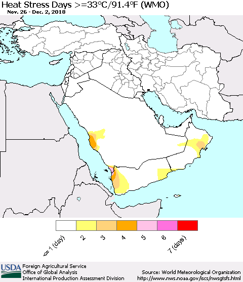 Middle East and Turkey Heat Stress Days >=35°C/95°F (WMO) Thematic Map For 11/26/2018 - 12/2/2018