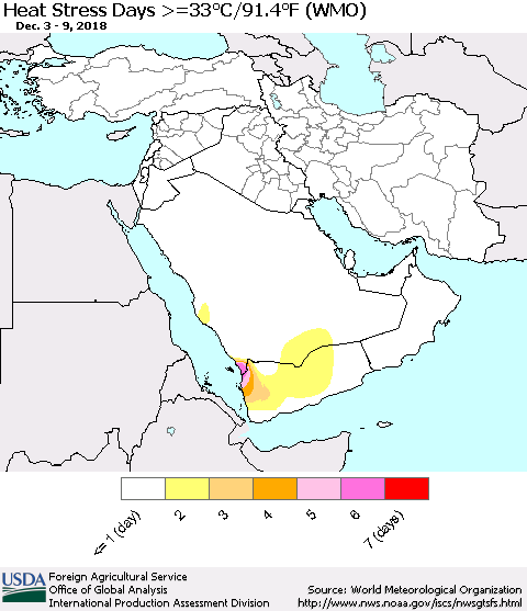 Middle East and Turkey Heat Stress Days >=35°C/95°F (WMO) Thematic Map For 12/3/2018 - 12/9/2018