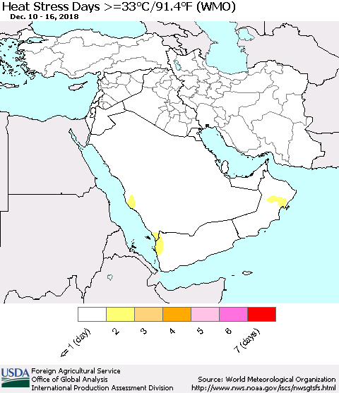 Middle East and Turkey Heat Stress Days >=35°C/95°F (WMO) Thematic Map For 12/10/2018 - 12/16/2018