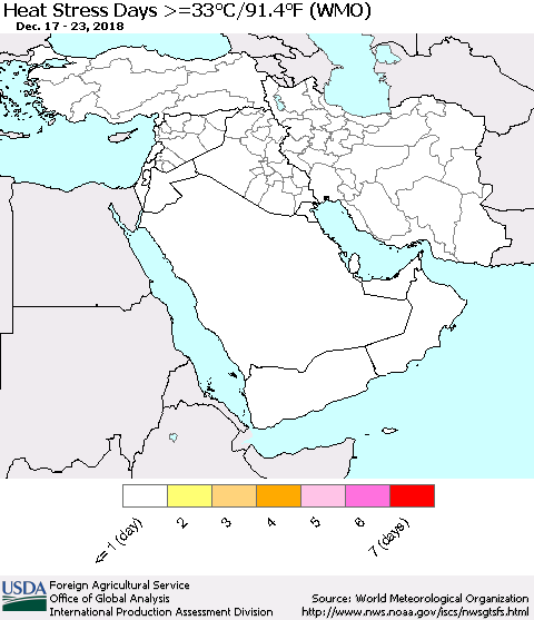 Middle East and Turkey Heat Stress Days >=35°C/95°F (WMO) Thematic Map For 12/17/2018 - 12/23/2018