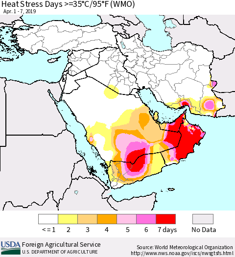Middle East and Turkey Heat Stress Days >=35°C/95°F (WMO) Thematic Map For 4/1/2019 - 4/7/2019