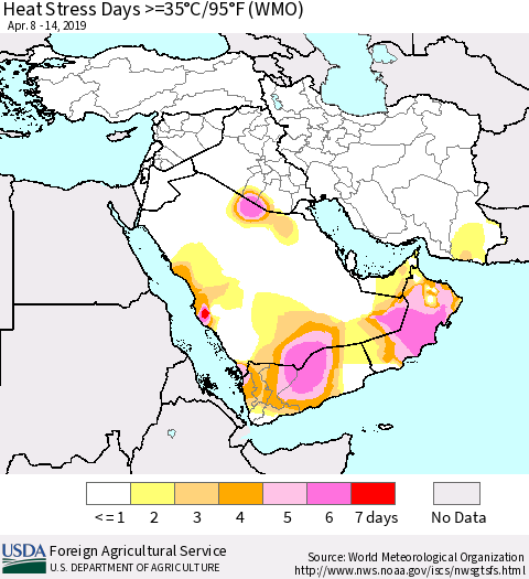 Middle East and Turkey Heat Stress Days >=35°C/95°F (WMO) Thematic Map For 4/8/2019 - 4/14/2019