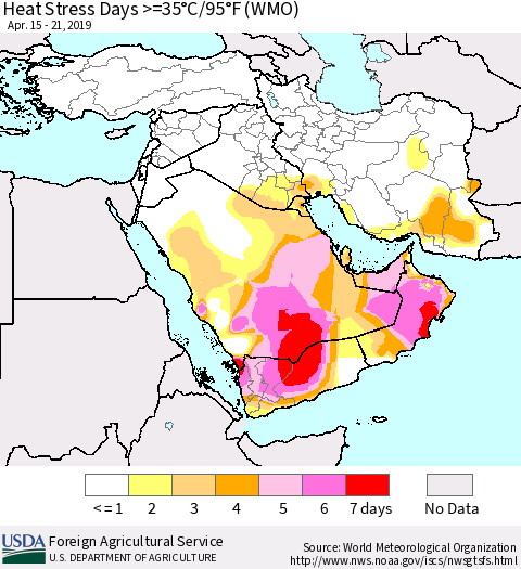 Middle East and Turkey Heat Stress Days >=35°C/95°F (WMO) Thematic Map For 4/15/2019 - 4/21/2019