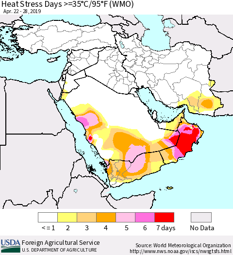 Middle East and Turkey Heat Stress Days >=35°C/95°F (WMO) Thematic Map For 4/22/2019 - 4/28/2019