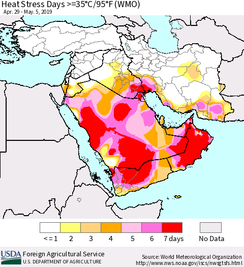 Middle East and Turkey Heat Stress Days >=35°C/95°F (WMO) Thematic Map For 4/29/2019 - 5/5/2019
