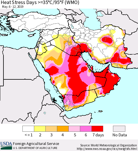 Middle East and Turkey Heat Stress Days >=35°C/95°F (WMO) Thematic Map For 5/6/2019 - 5/12/2019
