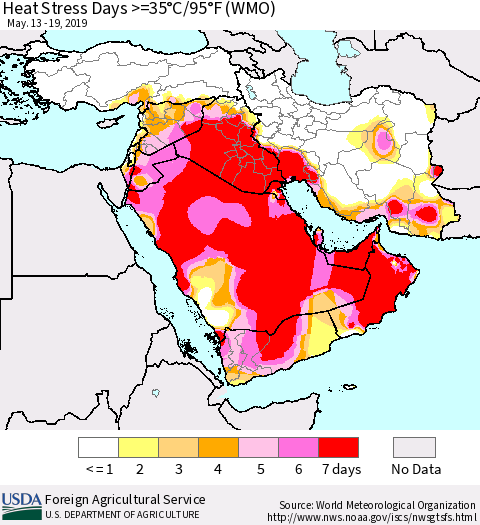 Middle East and Turkey Heat Stress Days >=35°C/95°F (WMO) Thematic Map For 5/13/2019 - 5/19/2019