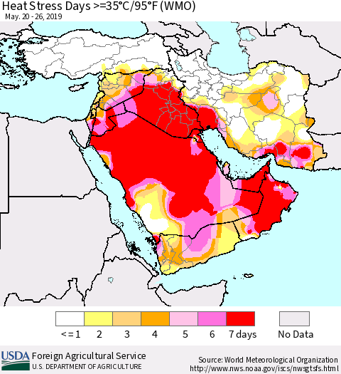 Middle East and Turkey Heat Stress Days >=35°C/95°F (WMO) Thematic Map For 5/20/2019 - 5/26/2019
