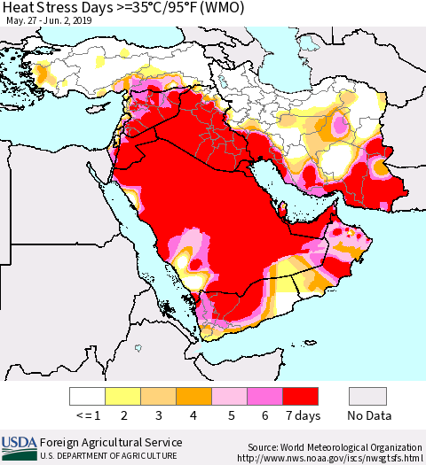 Middle East and Turkey Heat Stress Days >=35°C/95°F (WMO) Thematic Map For 5/27/2019 - 6/2/2019