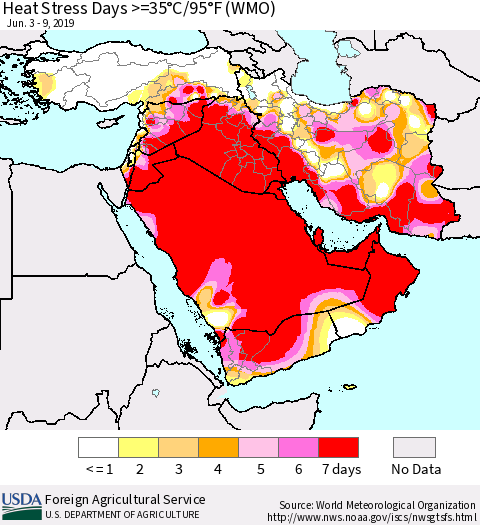 Middle East and Turkey Heat Stress Days >=35°C/95°F (WMO) Thematic Map For 6/3/2019 - 6/9/2019