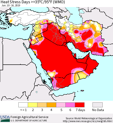 Middle East and Turkey Heat Stress Days >=35°C/95°F (WMO) Thematic Map For 6/10/2019 - 6/16/2019