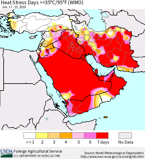 Middle East and Turkey Heat Stress Days >=35°C/95°F (WMO) Thematic Map For 6/17/2019 - 6/23/2019