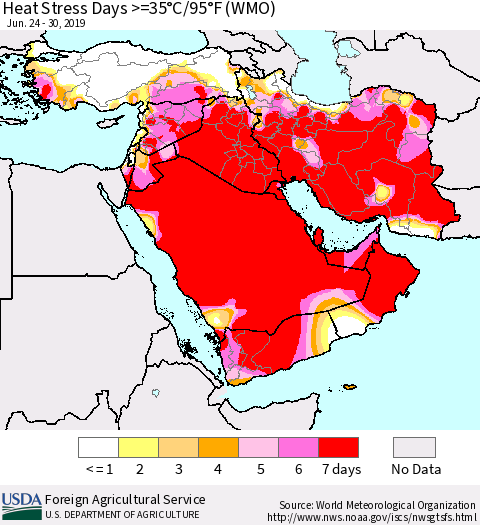Middle East and Turkey Heat Stress Days >=35°C/95°F (WMO) Thematic Map For 6/24/2019 - 6/30/2019