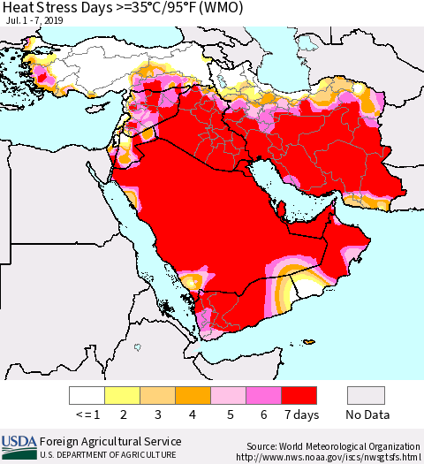 Middle East and Turkey Heat Stress Days >=35°C/95°F (WMO) Thematic Map For 7/1/2019 - 7/7/2019
