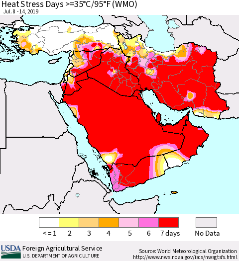 Middle East and Turkey Heat Stress Days >=35°C/95°F (WMO) Thematic Map For 7/8/2019 - 7/14/2019