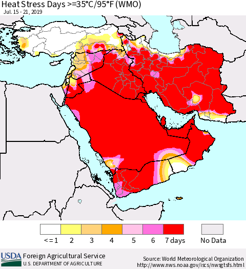 Middle East and Turkey Heat Stress Days >=35°C/95°F (WMO) Thematic Map For 7/15/2019 - 7/21/2019