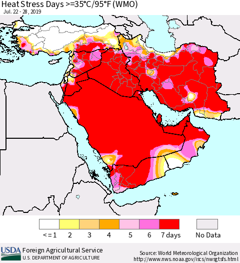 Middle East and Turkey Heat Stress Days >=35°C/95°F (WMO) Thematic Map For 7/22/2019 - 7/28/2019