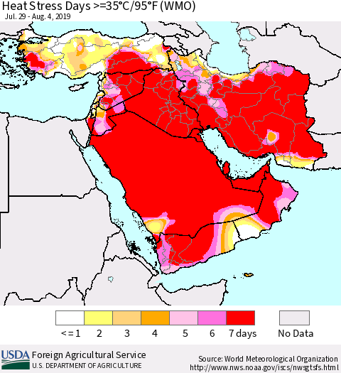 Middle East and Turkey Heat Stress Days >=35°C/95°F (WMO) Thematic Map For 7/29/2019 - 8/4/2019