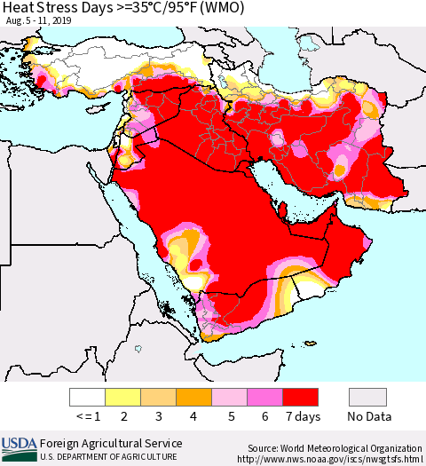 Middle East and Turkey Heat Stress Days >=35°C/95°F (WMO) Thematic Map For 8/5/2019 - 8/11/2019
