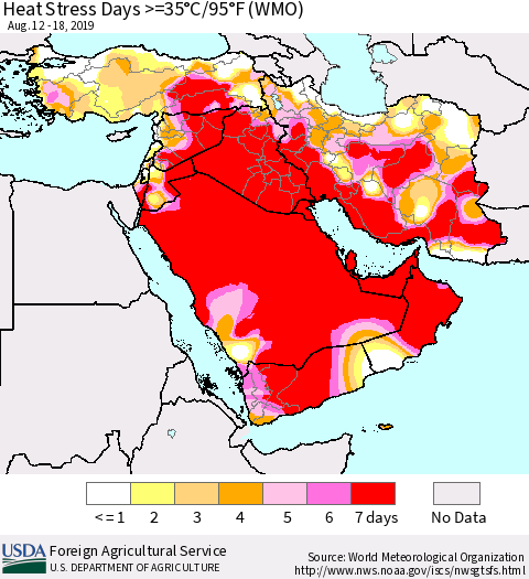 Middle East and Turkey Heat Stress Days >=35°C/95°F (WMO) Thematic Map For 8/12/2019 - 8/18/2019
