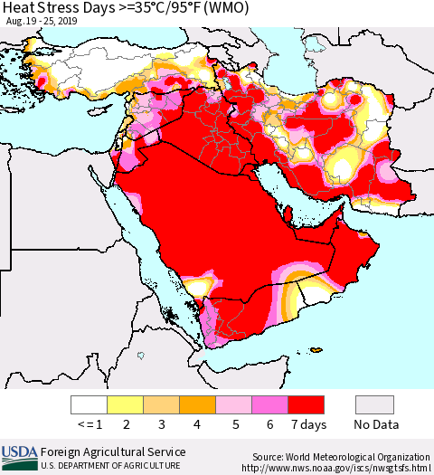 Middle East and Turkey Heat Stress Days >=35°C/95°F (WMO) Thematic Map For 8/19/2019 - 8/25/2019