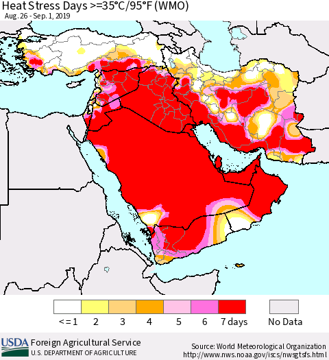 Middle East and Turkey Heat Stress Days >=35°C/95°F (WMO) Thematic Map For 8/26/2019 - 9/1/2019